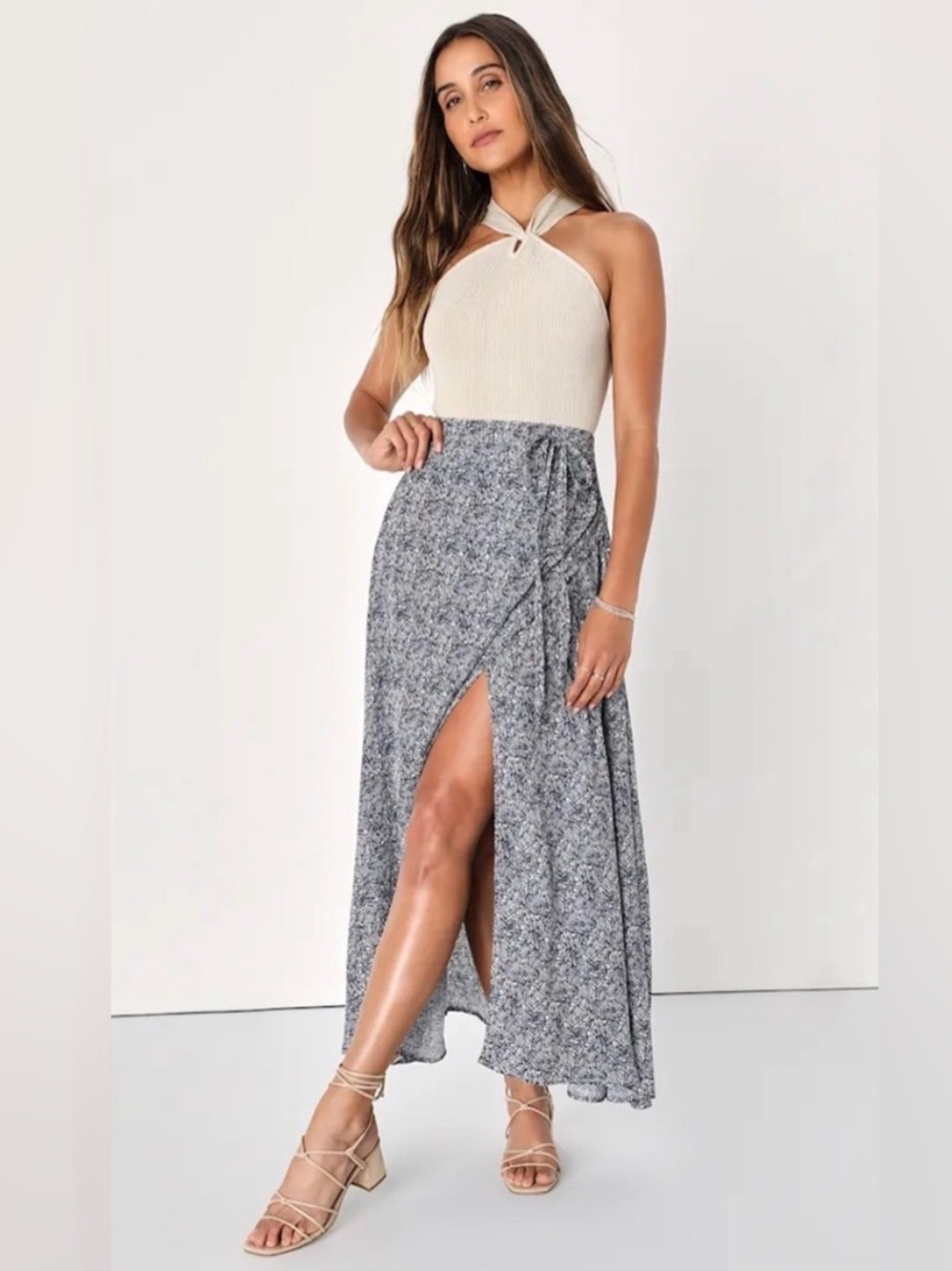 Lulus NWT Tempest Navy Blue Print Wrap Maxi Skirt S - Picture 2 of 6